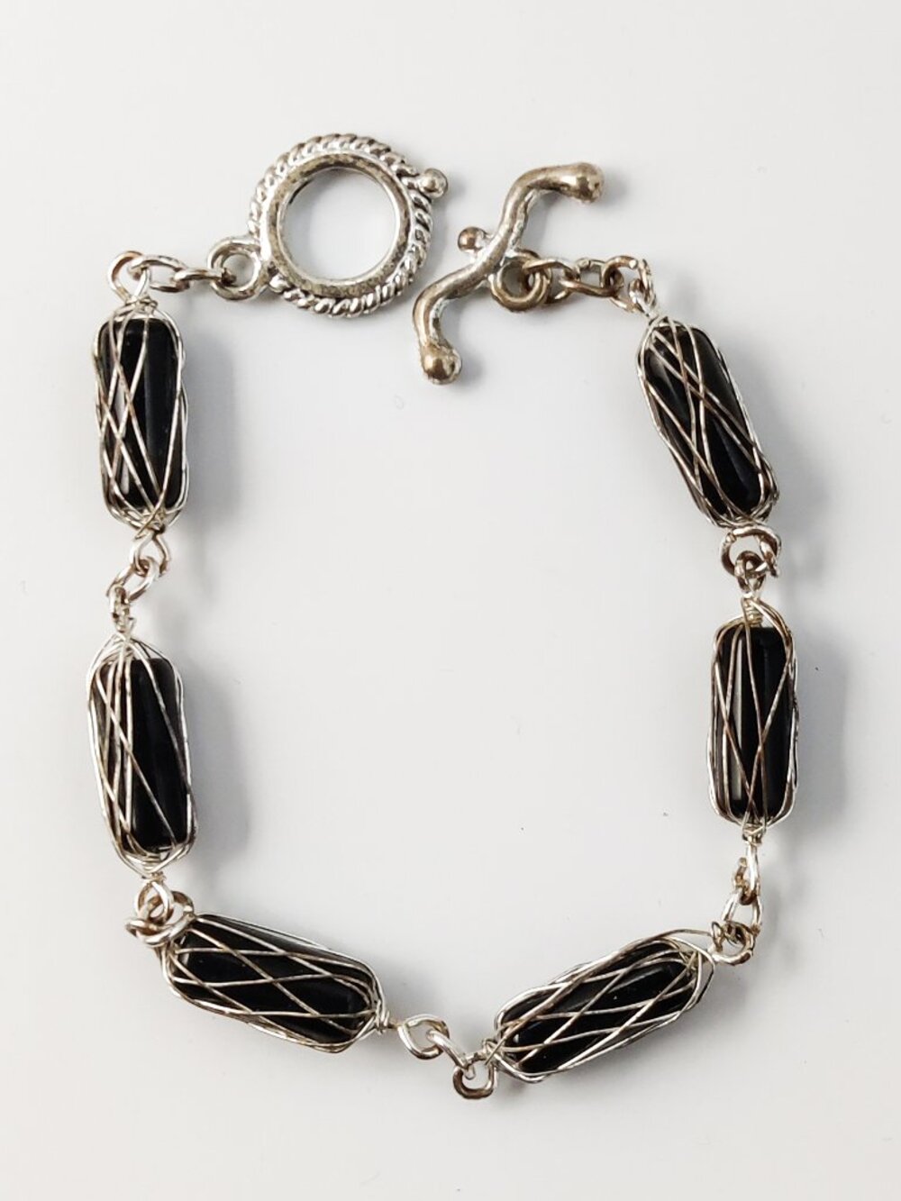 Black and Silver Wire Wrapped Bead Bracelet